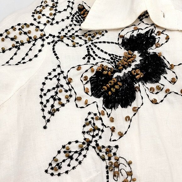 White Linen Button-Up Shirt With Black Floral Embroidery & Beaded Design - Picture 7 of 15